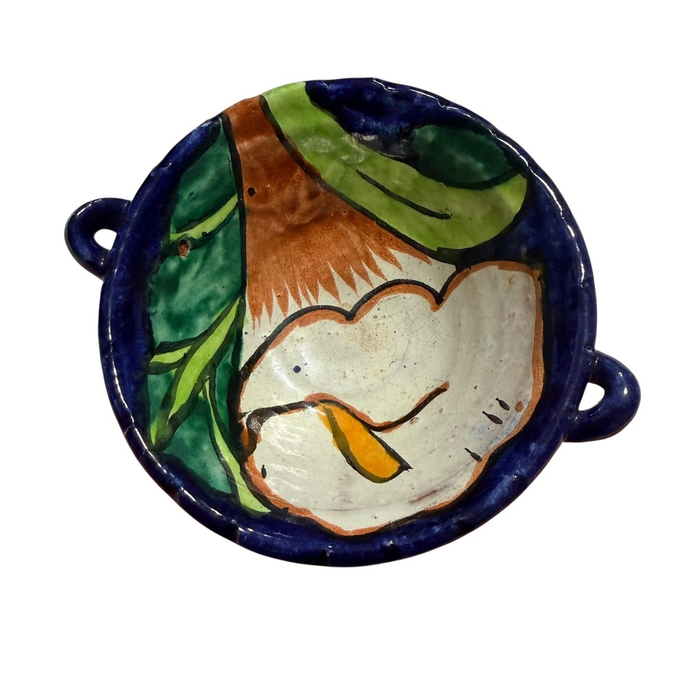 Mexican Talavera Pottery Bowl Hand Painted Calla‎ Lily Floral Design Blue 5 Inch